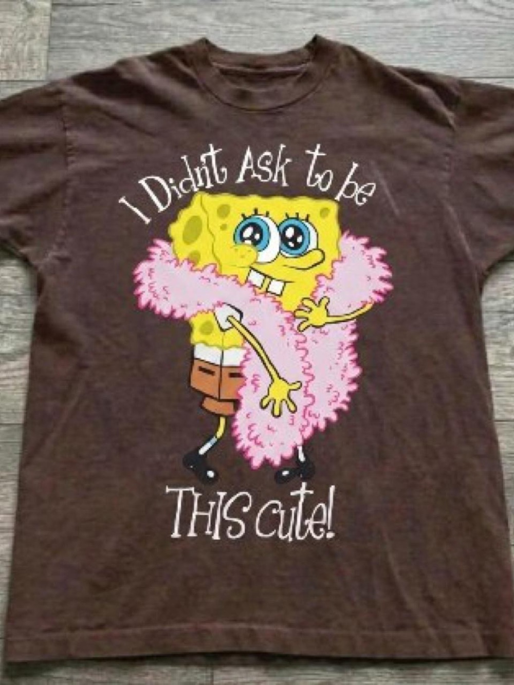 Gildan Brown Tee with Yellow SpongeBob & Pink Boa Graphic